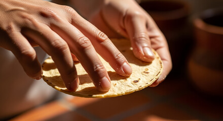 Hands Preparing Fresh Homemade Corn Tortillas in Warm Sunlight