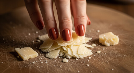 Preparing Fresh Parmesan Cheese Flakes on a Rustic Wooden Board