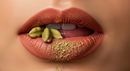 Sensual Lips with Cardamom Pods and Powder: Exotic Spice and Beauty