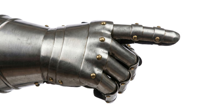 Steel knight gauntlet pointing finger isolated. Medieval armor concept.