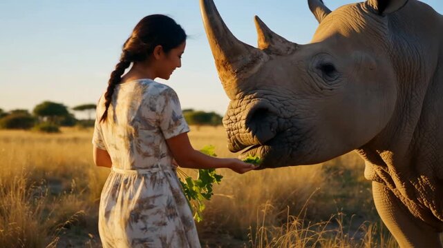 A woman in a floral dress feeding a rhinoceros in a sunlit savanna landscape with golden grass and blue skies