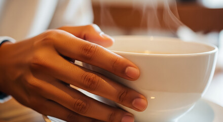 Comforting Warmth: Hands Holding a Steaming Hot Beverage Bowl