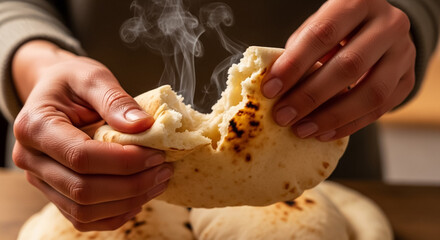 Close-up of Hands Tearing Warm Steaming Pita Bread