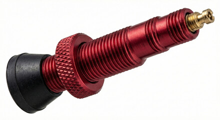 Red anodized aluminum tubeless Presta valve stem for bicycle isolated on white background.