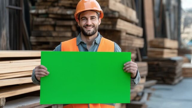 Smiling Construction Worker Holding Blank Green Sign in Lumber Yard