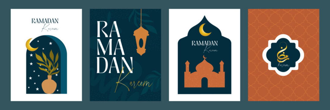 Ramadan Greeting Card Designs &ndash; A collection of creative and elegant Ramadan cards featuring crescent moons, stars, arabesque patterns, and Islamic calligraphy. Perfect for sending blessings and warm 