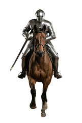 Naklejka premium Knight riding horse isolated. Medieval cavalry charge.