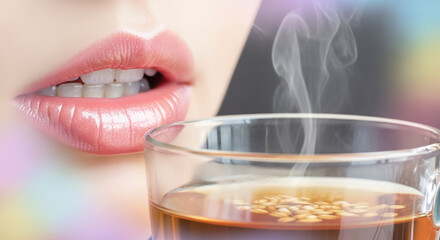 Invigorating Sip: Woman's Lips Near Steaming Hot Grain Tea