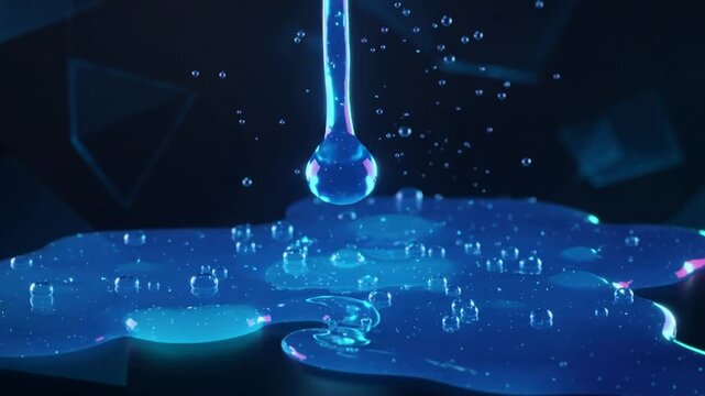 Pouring blue stream hitting rim stage forming star pool firing droplet making bubbles amid polygons