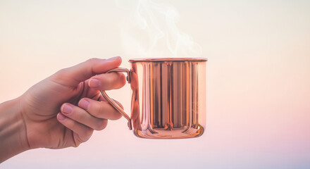 Hand Holding Steaming Copper Mug Against Soft Pastel Sky