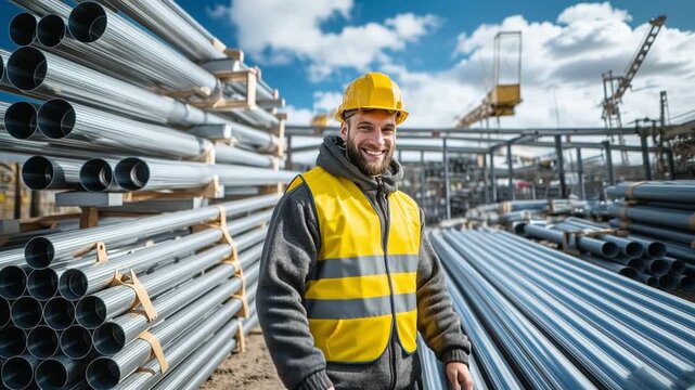 Happy worker giving thumbs up in pipe yard, high visibility safety vest