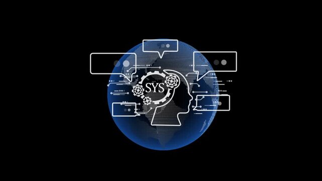 Global System Integration and Technology Infrastructure Concept with SYS Icon, Human Head Profile, and Digital Communication Bubbles.