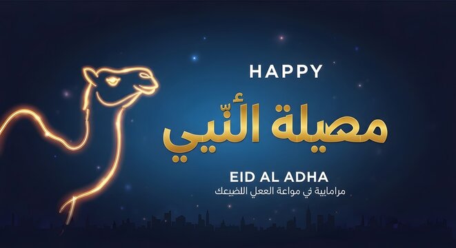 Eid al adha mubarak greeting with camel illustration