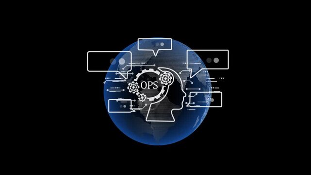 lobal Business Operations and Data Management Concept with OPS Icon, Human Profile, and Digital Communication Bubbles.