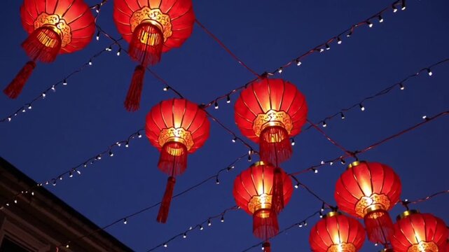 Low-angle video shot of vibrant red lanterns, capturing a festive and cultural ambiance
