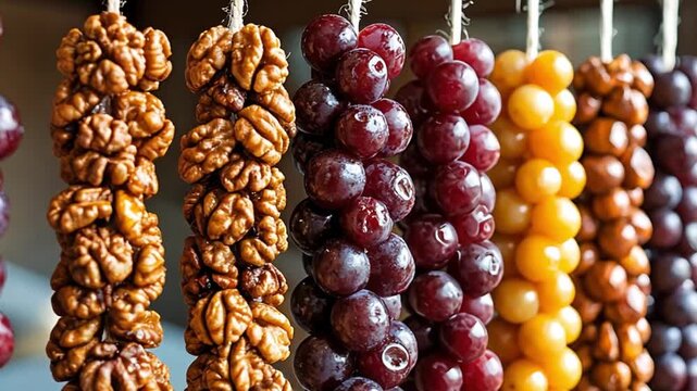 Churchkhela and dried walnuts on string. Traditional Georgian sweet churchkhela on display. Healthy dessert from walnut and fruit juice.