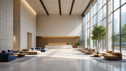 Luxurious and Spacious Office Lobby with Comfortable Seating and Modern Reception Desk