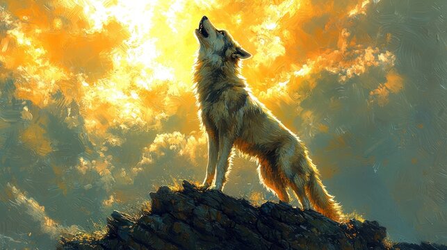 Majestic Wolf Howls at Sunrise on Rocky Peak