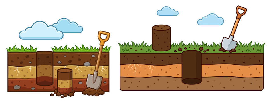 Cartoon cross section of earth showing layers of soil with grass and clouds and a shovel digging a hole This visual depicts soil strata and excavation cutaway dirt ground