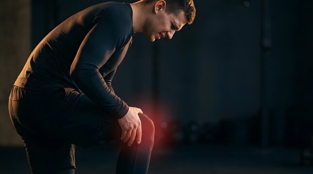 Man experiencing knee pain during exercise in a dark gym.
