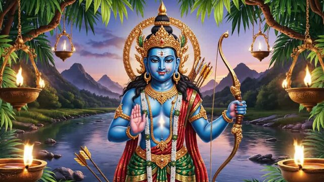 Lord Rama Standing in Holy Forest with Bow and Arrow, Hindu God Vishnu Avatar Digital Illustration. 