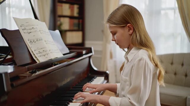 Reading sheet music cueing girl practicing on grand piano at home, wearing white top, copy space