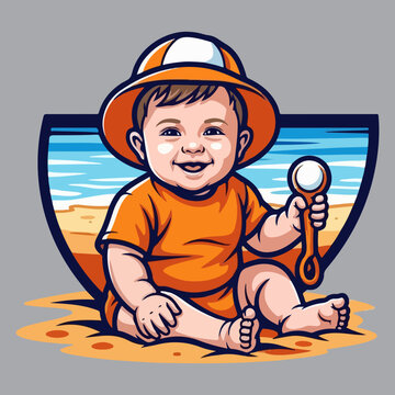Cute Baby Boy Wearing Sun Hat Playing on the Beach Mascot Illustration