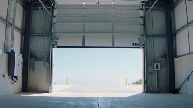 Opening after control box signal, sectional rollup door rising in loading bay, revealing bollards