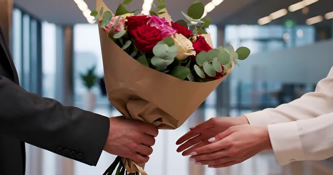 Man Giving Beautiful Flower Bouquet To Woman