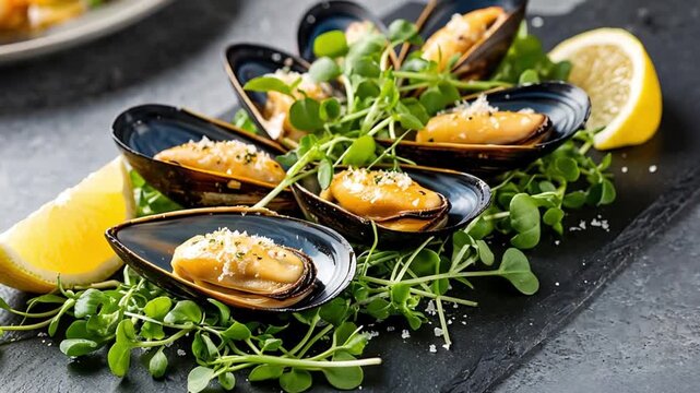 A close-up view of cooked mussels garnished with fresh microgreens and a slice of lemon on a dark serving board