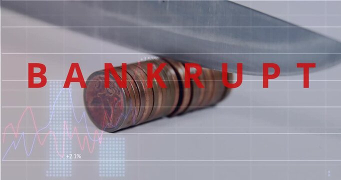 Blade entering from top-right, sliding over coins while charts fluctuating, showing BANKRUPT risk