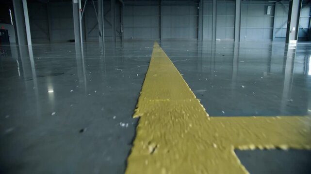 Floor-level camera tracking along thick yellow line inside hangar, revealing black square marker