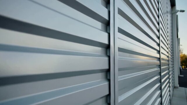 Starting shot, camera sliding past ribbed metal wall to reveal seam, downpipe and walkway