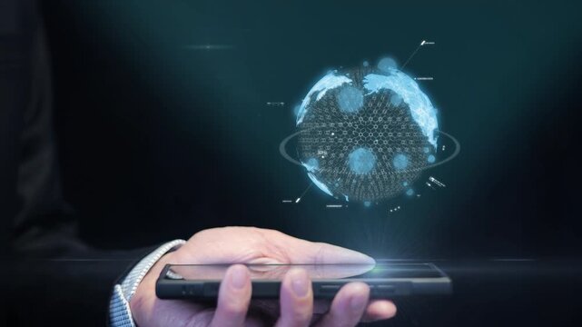 Businessman revealing new global data center campuses on world map to meet rising demand for cloud, AI, and high-performance computing services. Motion graphic animation