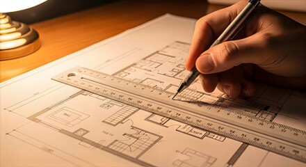 Design Precision: A close-up view of a hand meticulously sketching architectural plans with a pencil and ruler, highlighting the focus and accuracy required in the design process.