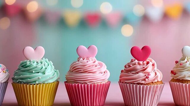 A row of colorful cupcakes with heart shape toppers for a celebration or valentines day event