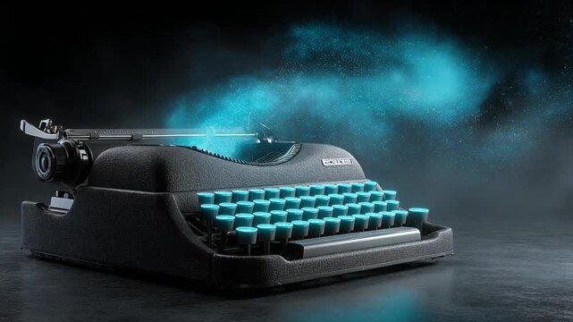 A stylized vintage typewriter in dark setting with illuminated keys and an ethereal blue effect