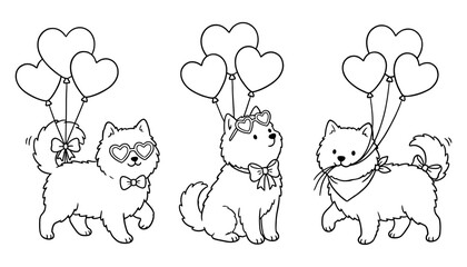 Obraz premium Three adorable fluffy dogs wearing heart shaped sunglasses and bows each holding a bunch of heart shaped balloons in a delightful celebration puppy love cute festive happy