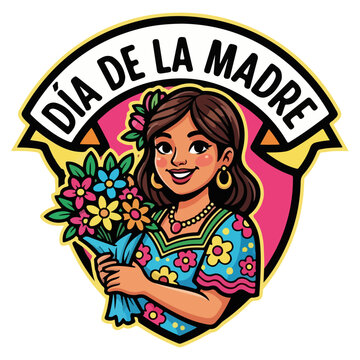 Dia de la Madre Mother's Day Celebration Illustration with Latin American Woman Holding Flower Bouquet
