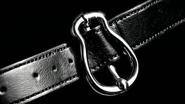 Close-up image featuring a leather strap with a metallic, curved, ring-shaped attachment against black