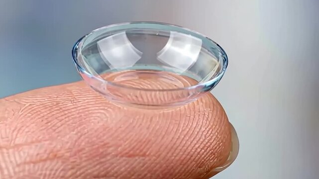 Finger holding a clear soft contact lens for vision correction. Eye health concept for daily vision aid.