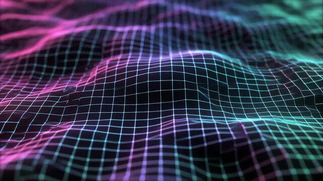 Abstract loop structured grid collapsing reforming smooth ripple effects neon futuristic cinematic surreal ethereal ambience cascading softly glowing abstract unique style