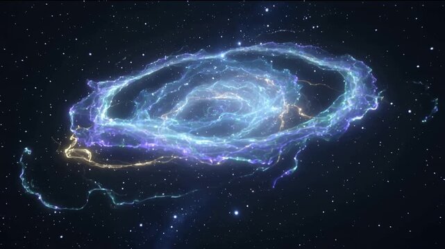 Extending gold filament spurring ring nebula swelling in deep space, bright core, trails bending