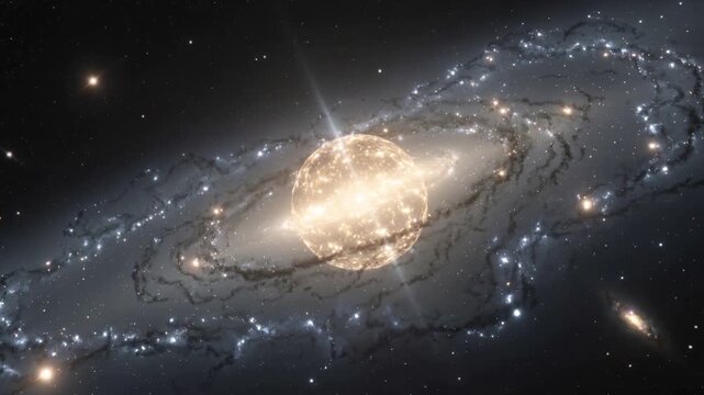 Revealing spiral galaxy brightening central orb after viewpoint shift, showing lens flare in space