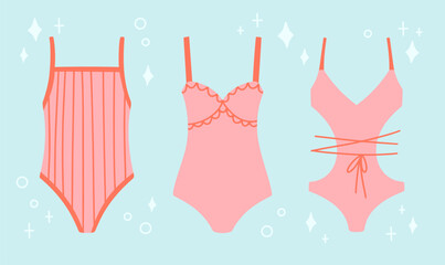 Cute one-piece swimming suits set. Vector illustrations in cartoon style for greeting cards. Different shapes pink summer swimwear for beach. © Katerina Koniukhova