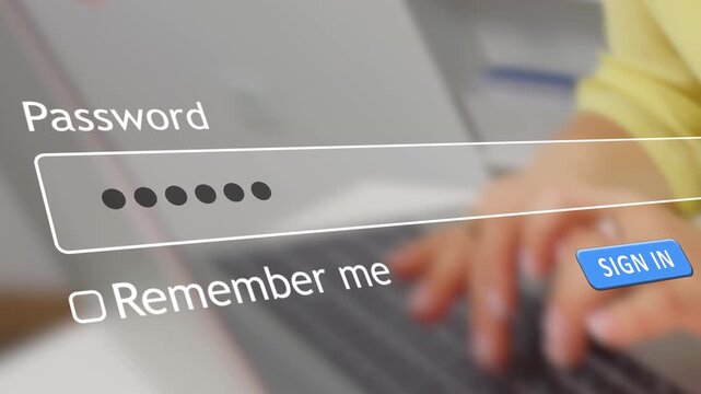 A user types a password into the website form box on a computer browser. The focus is on the action of signing in. The interface includes options for remembering credentials.