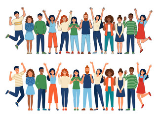 Fototapeta premium Diverse group of smiling people with raised hands and cheerful expressions celebrating together in two rows celebration happiness joy unity friendship community diversity
