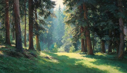 Fototapeta premium Lush forest scene. Sunlight streams through tall trees onto a grassy clearing, creating a serene ambiance