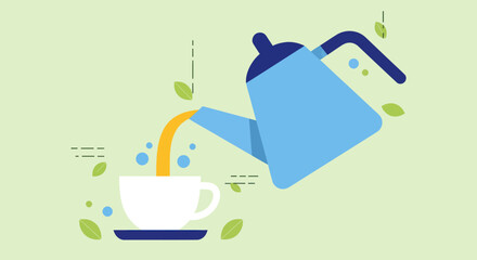 Teapot pouring drink into cup illustration