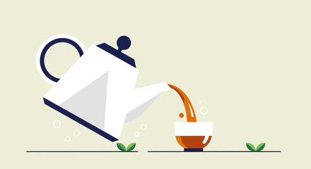 Teapot pouring drink into cup illustration
